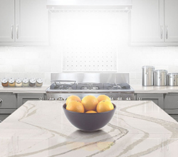 Cambria Countertops Brittanicca Natural Stone Surface, Complementary Designs: Weybourne™ and Daron™