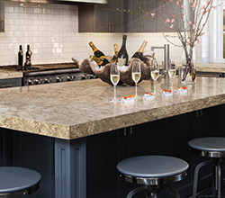 Cambria Countertops Nottingham™ Natural Stone Surface – Complementary Designs: Cambria Black™ and Hazelford™
